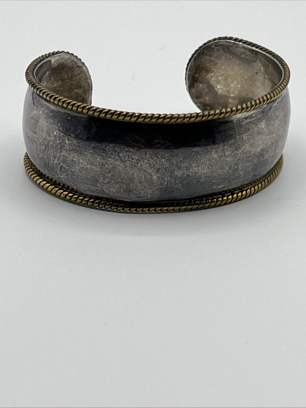 LATON MEXICO 925 Silver Vintage Two Tone Raised Braided Edge Cuff Bracelet